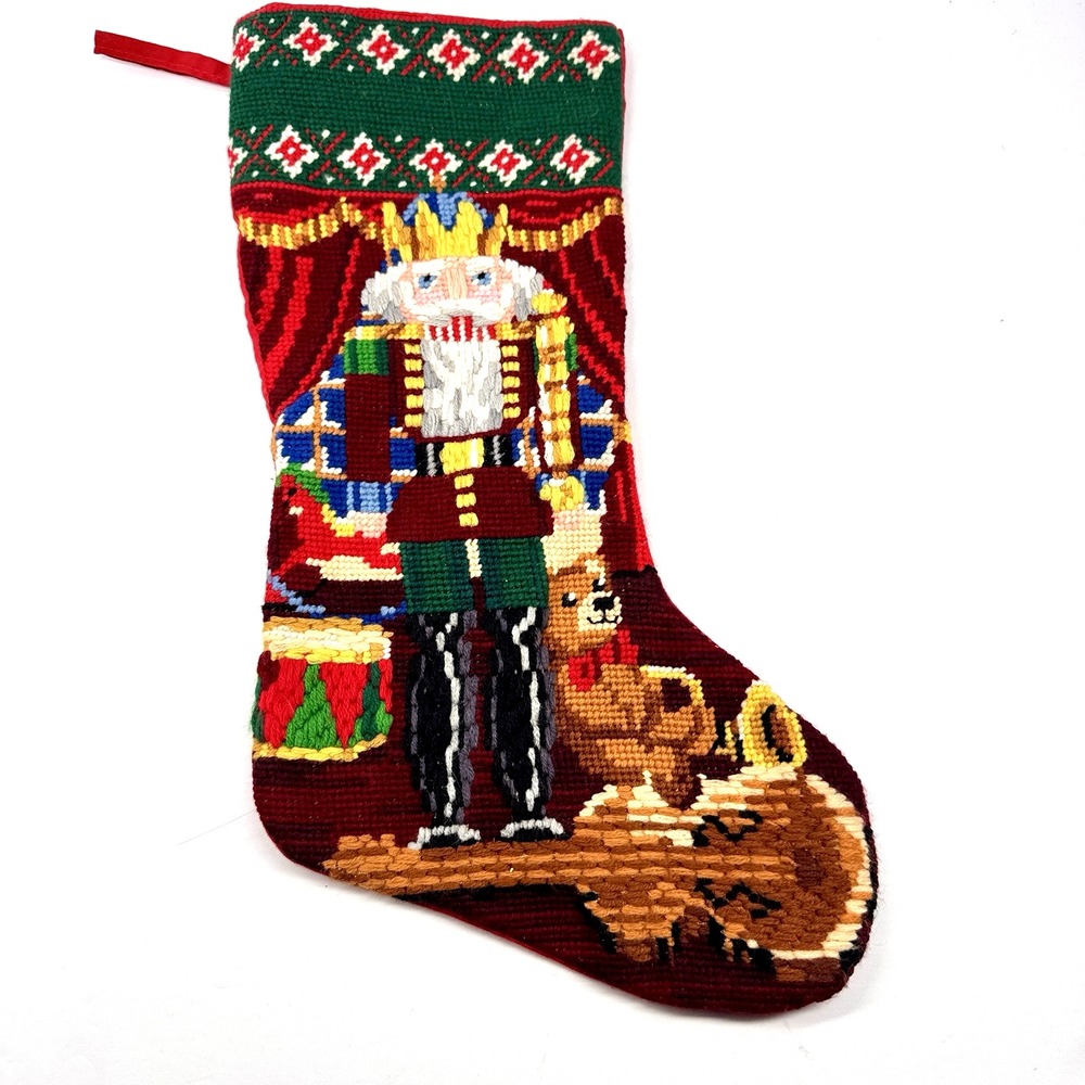 Handmade Needlepoint Nutcracker Christmas Stocking Red Green Holiday Decor‎
